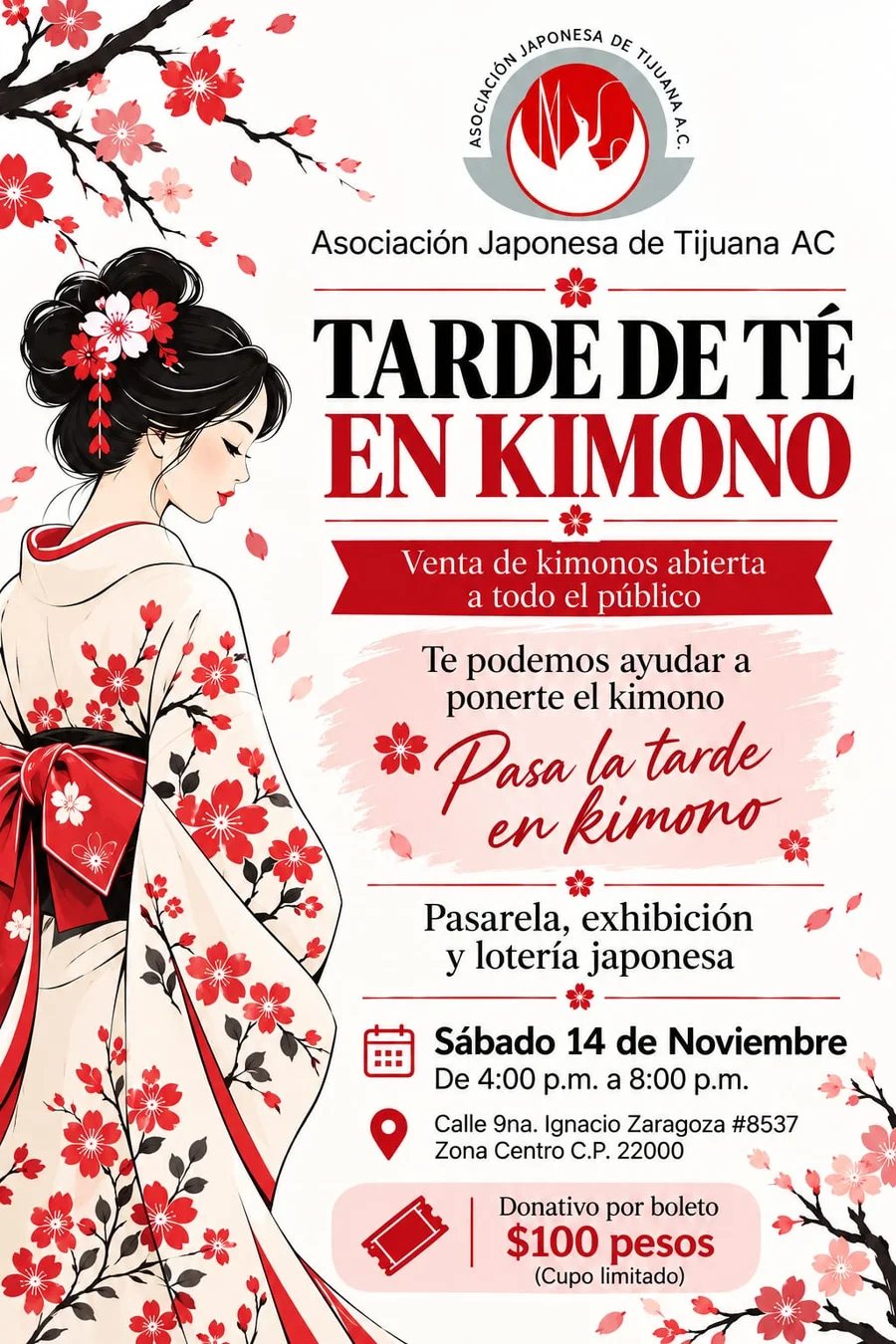 Volante de la Tarde de té en kimono: sábado 14 de noviembre de 4 a 8 p.m., donativo $100 MXN